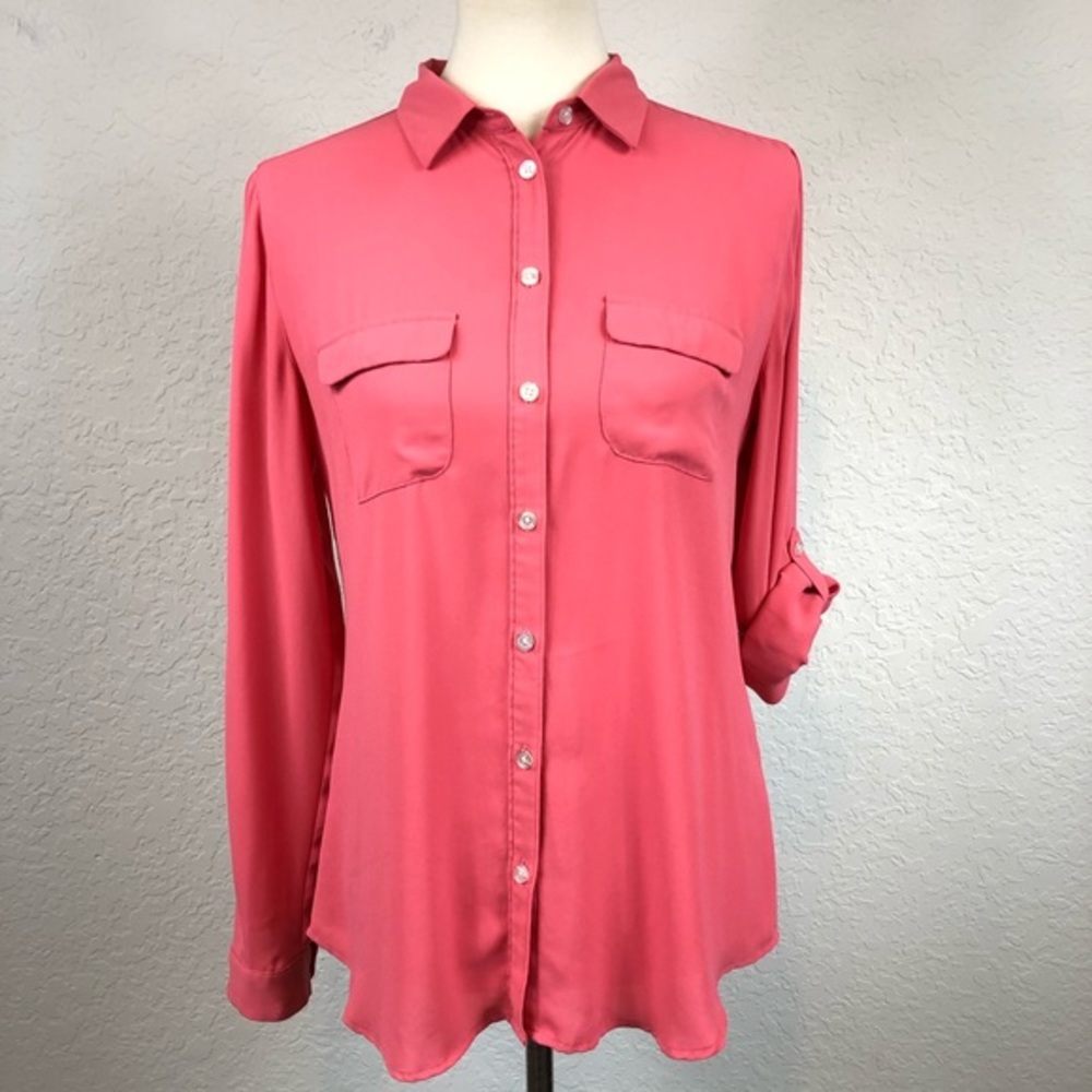 Loft Coral Pink Semi Sheer Button Down Blouse Sz S